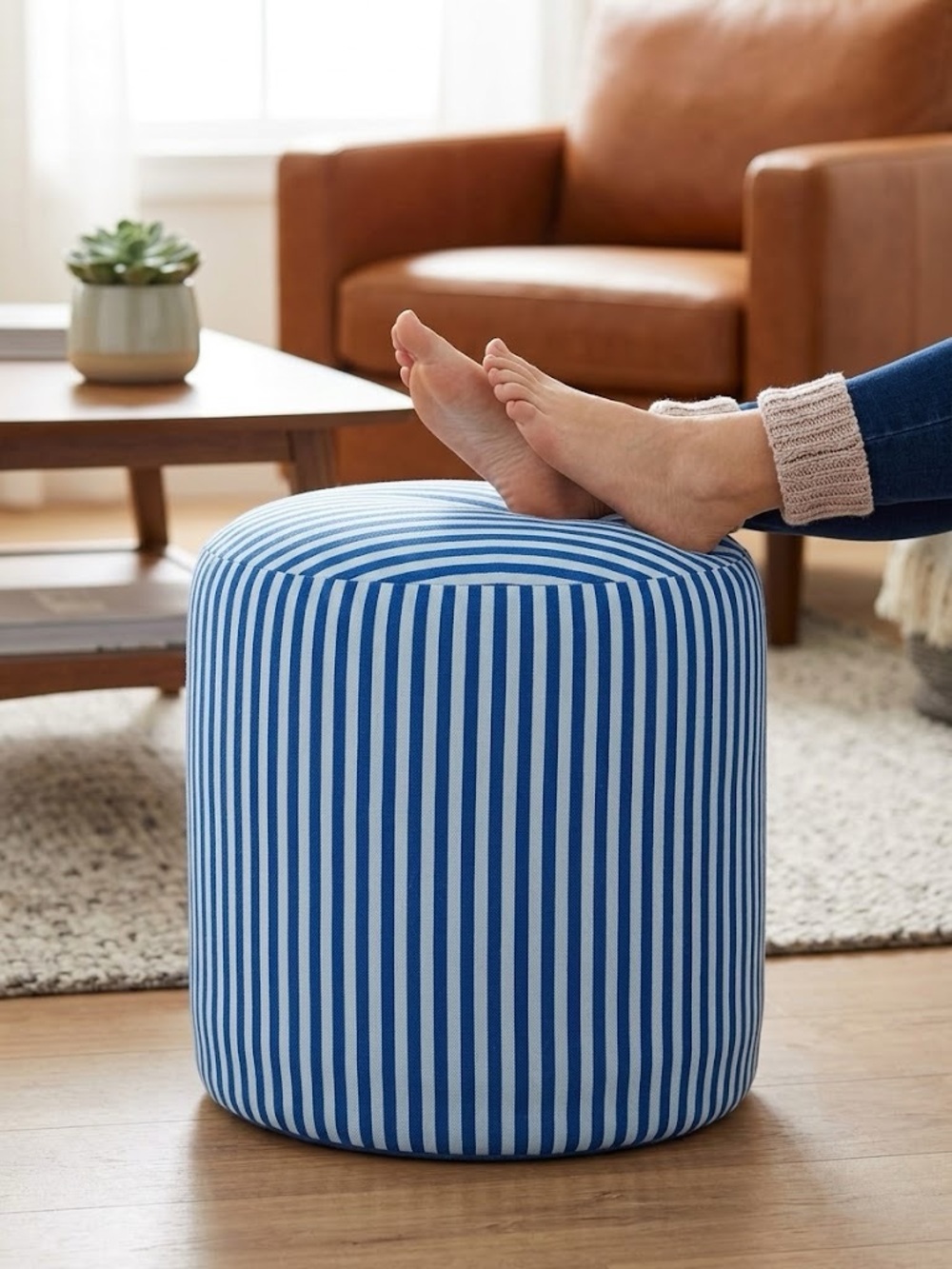 Blue Stripe Round Accent Pouf Ottoman by
